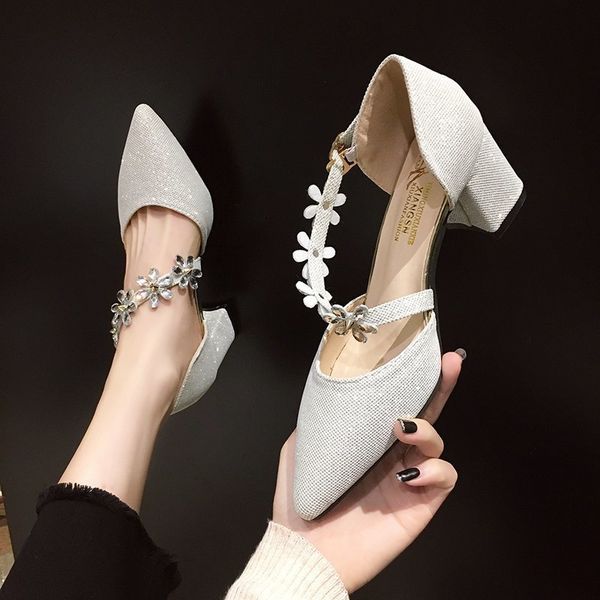 

2021 new fashion rhinestone flowers buckle pumps women sier sequin cloth pointed toe party woman thick heels shoes lady ej1t, Black
