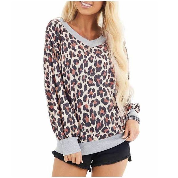 

fashion women's t-shirts herfst random luipaard print femme clothing v throat long mouw loose t-shirt women new collection # t2g, White