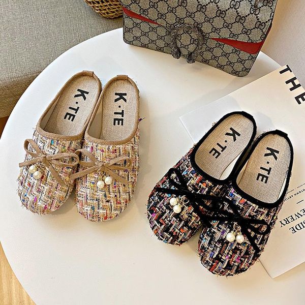 

2021 spring women slippers costume tweed mules plaid woman casual shoes flats bowtie pearls slides cover toe slipper 8983n, Black