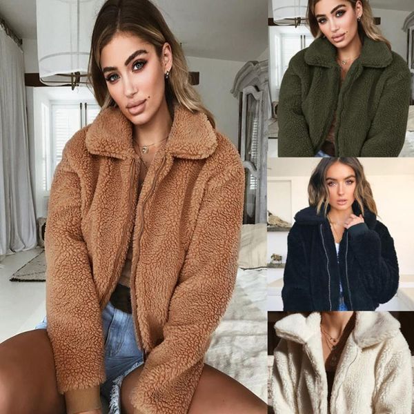 

women's jackets fadzeco coat casual lapel fleece fuzzy faux shearling zipper warm winter plus size outwear, Black;brown