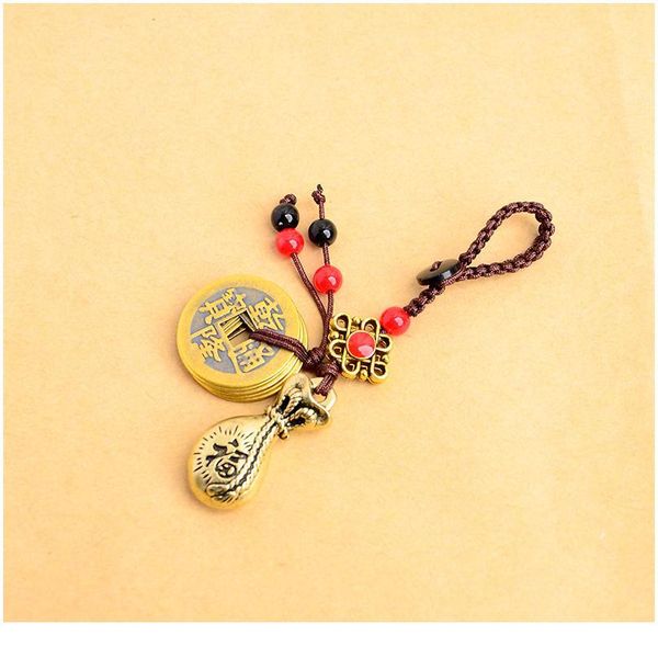 

handmade rope lucky feng shui hanging vintage brass money bag keychain pendant jewelry ancient five emperors coins car k qyloyg
