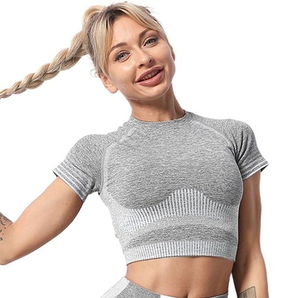 

solid color vital seamless yoga shirt women fitness short sleeve crop workout gym clothes sportswear running t-shirts, White;red