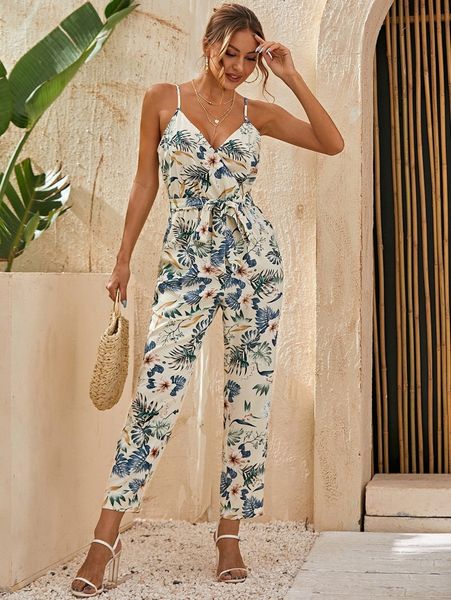 

self belted tropical print cami jumpsuit w3aj#, White