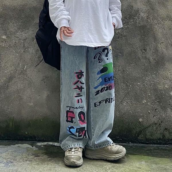 

men's jeans trendy brand hip hop graffiti street straight tube wide leg dad loose ins for men and women streetwear hiphop, Blue