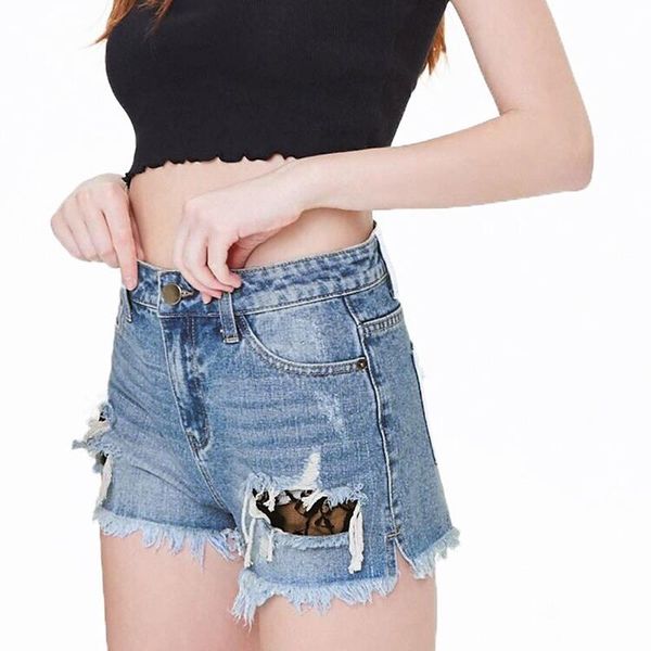 

women's jeans mid waist ripped lace straight denim shorts summer cotton stretch skinny plus size tassel harajuku streetwear, Blue