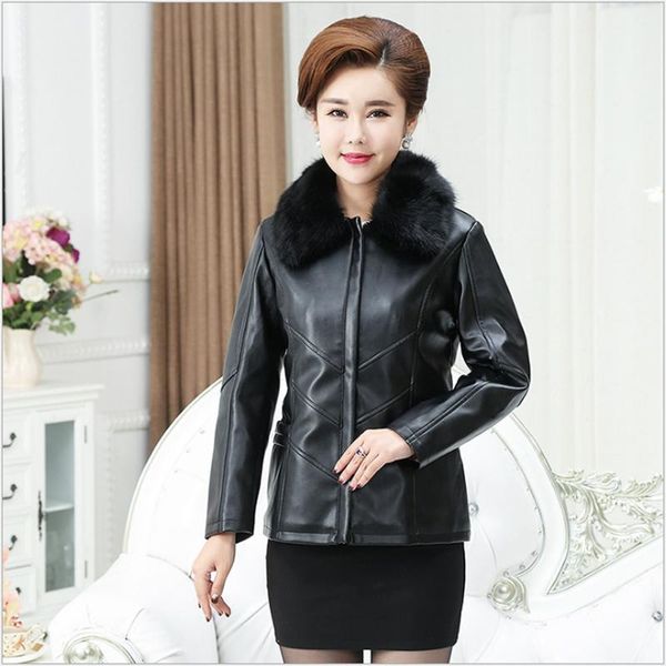 

women's leather & faux women winter short pu jackets with fur collar long sleeve l6011209, Black