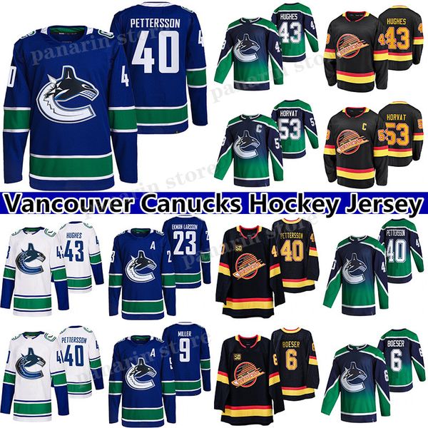 

vancouver canucks jersey 40 elias pettersson 43 quinn hughes 6 brock boeser 53 bo horvat 9 j.t. miller 23 oliver ekman-larsson hockey jersey, Black;red