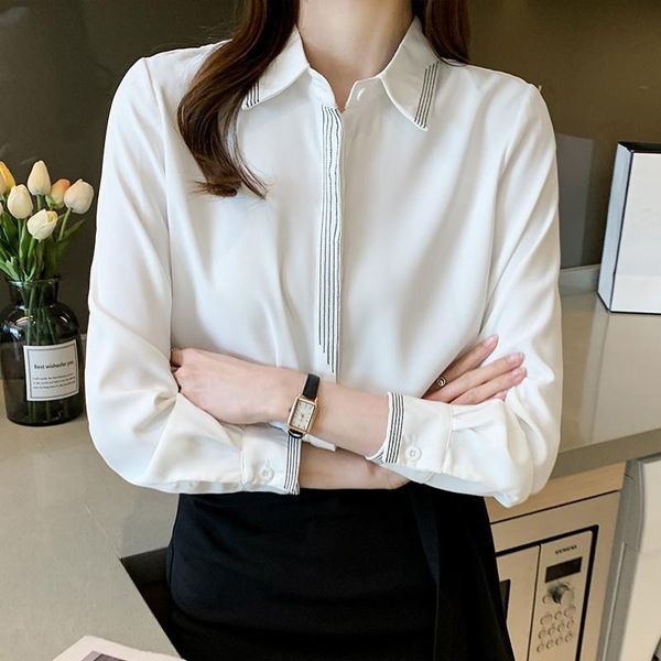 

women's blouses & shirts elegant 2021 white button up shirt women korean fashion collared striped long sleeve office ladies clothes che