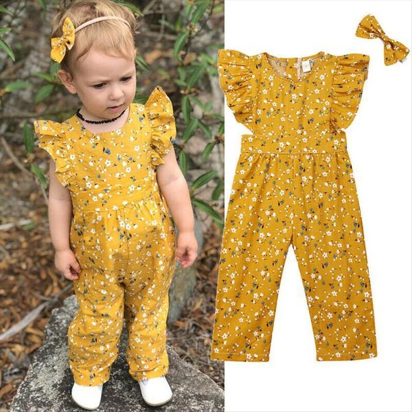 

1 5 years toddler baby girls ruffle floral romper playsuit kids overalls for summer pants trousers headband jumpsuit set, Blue