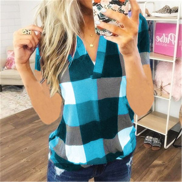 

2021 new women haut shirt femme tshirt fashion camisetas mujer plus size casual tee office lady plaid v-neck bifm, White