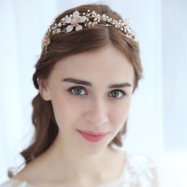 

trendy wedding headband tiara pearl flower hair vine bridal headpiece gold handmade bride hair jewelry wedding hair acc qylfob