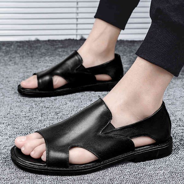 

slippers men sandals summer men's outdoor comfortable casual beach shoes genuine leather sandalias 37-46 d6bi, Black