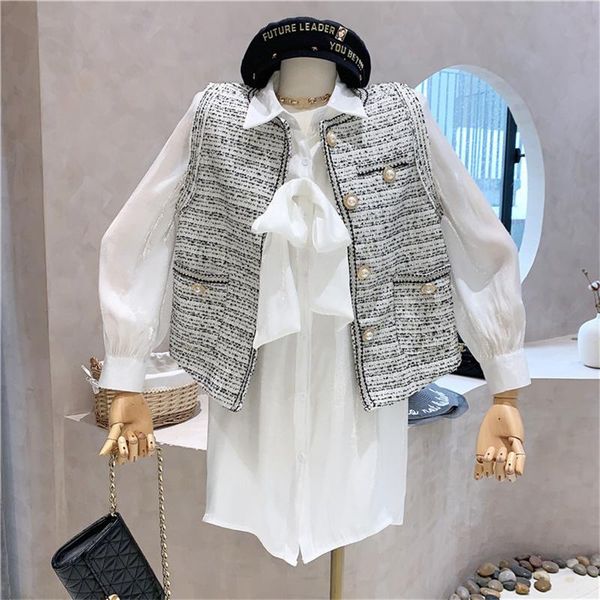 

women's vests clothing autumn 2021 tweed vest jacket bow shirt dress two-piece suit, Black;white