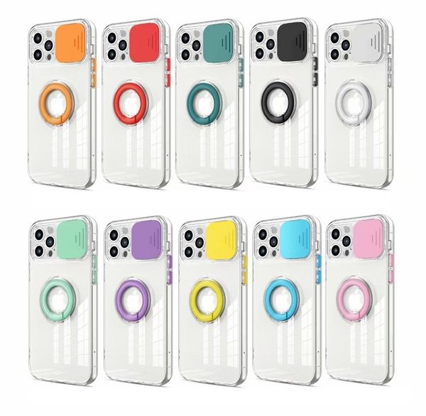 Capas de cor de doces Clear Slide Câmera Lente Proteção de Dedo Anel de Dedo Phone Case para iPhone 12 Pro Max Samsung A20 A32 A52 A72 5G S21 Ultra S21Plus