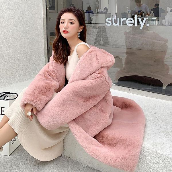 

women's fur & faux autumn/winter thickening long hooded loose over-the-knee coat ladies mink women plush, Black