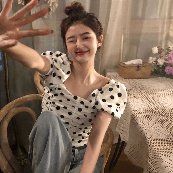 

vintage elegant square neck polka dot women summer slim chic korean short sleeve blouse blusas mujer crop shirts 210610, White