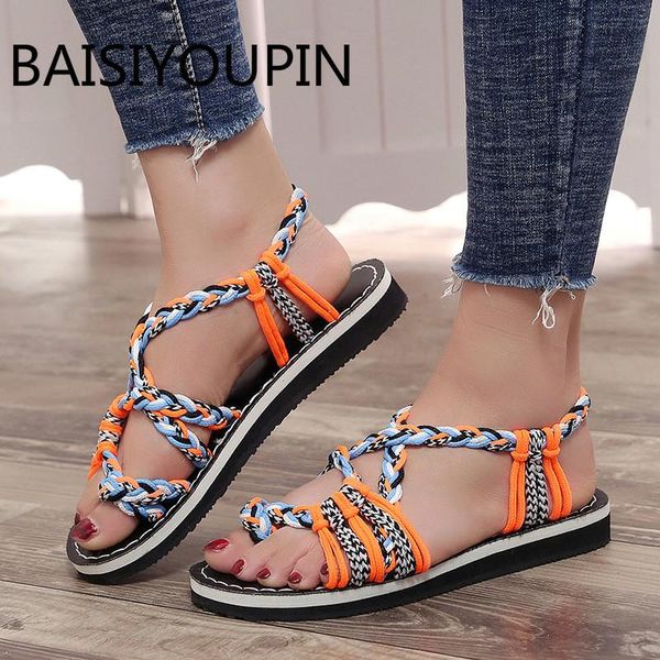

sandals 2021 womens gladiator women summer shoes female flats rome comfortable rope beach plus size 35-43, Black