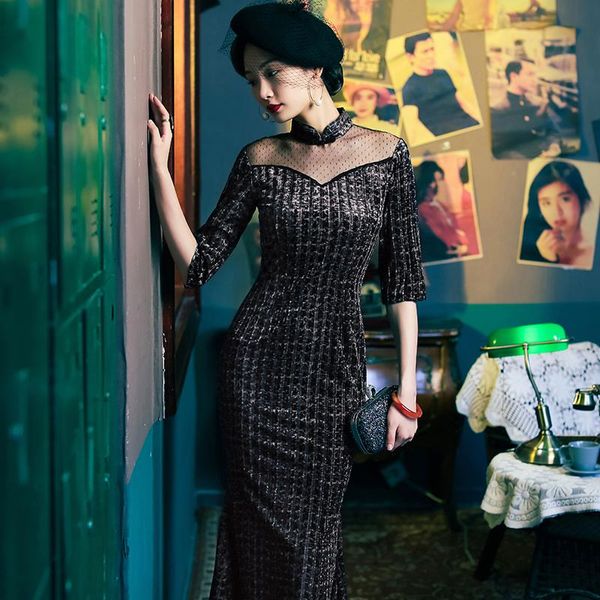 

ethnic clothing four ladies' winter dress cheongsam 2021 style velvet temperament long slim young seven sleeve fishtail skirt, Red