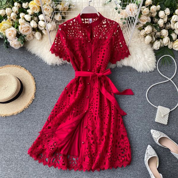 

women hollow out red/black/white dress female single breasted short sleeve high waist a-line lace vestidos 2021 summer new, Black;gray