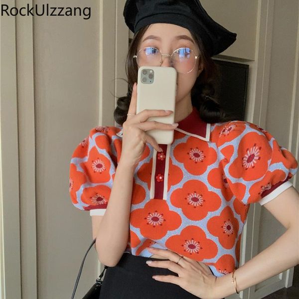 

women's t-shirt graphic flower puff short sleeve button turndown neck knit women crop korean t shirt cute aesthetic fashion tee, White