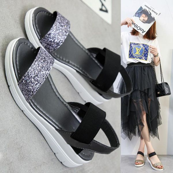 

sandals summer ladies thick-soled fashion golden thick casual shoes women's slope heel non-slip ins style 2021 comfo, Black