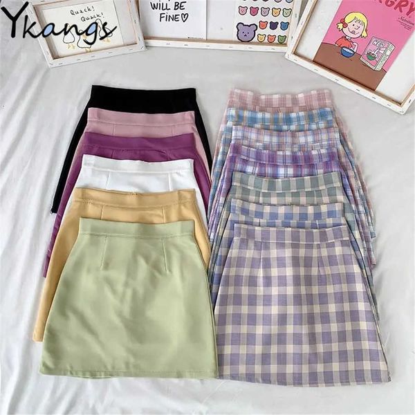 

13 color sweet plaid a line skirt women casual high waist mini skirts korean fashion summer clean vintage short skirts 210619, Black