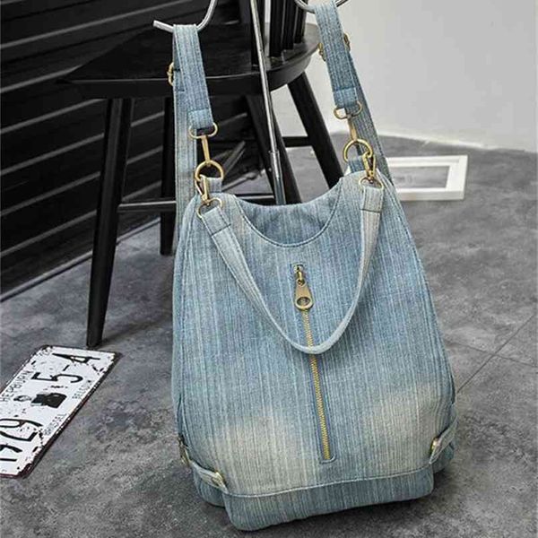 

washed denim women backpack big jean multifunctional female shoulder bag casual travel bags rucksack blue mochila bols 210911