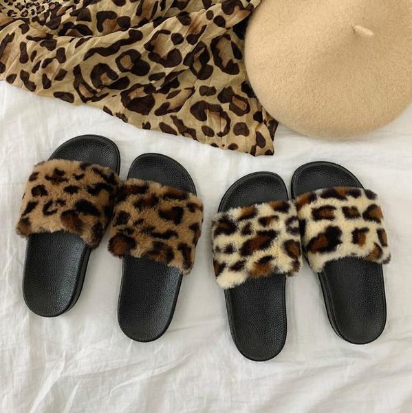 

slippers non-slip leopard with faux fur slides women open toe slip on flats shoes woman outdoor female casual, Black