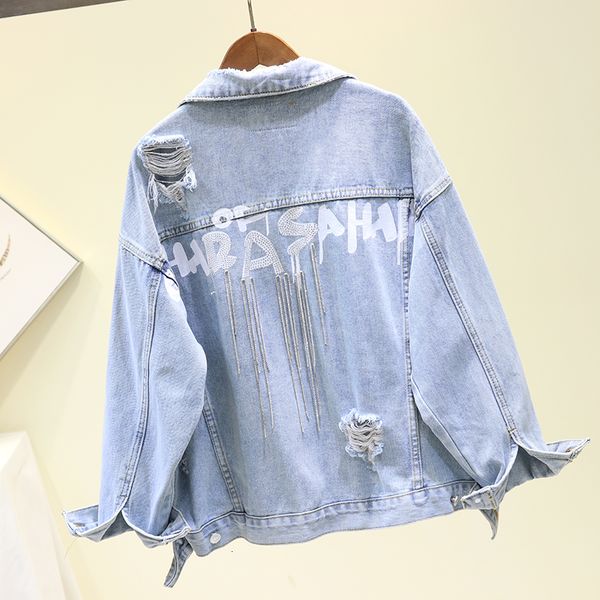 

handwork diamond tassel hole short denim women spring loose letter print jeans jacket coat female chaqueta mujer outwear pwgx, Black;brown