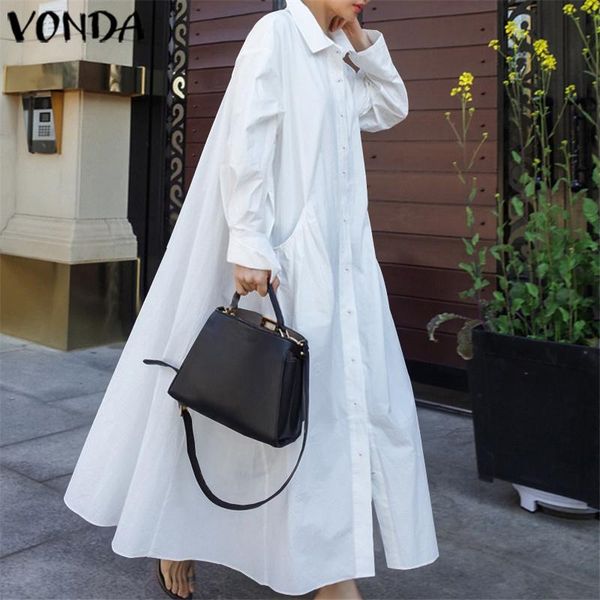 

vonda vintage maxi dress women elegant long dress white sundress 2021 autumn party vestidos casual baggy robe femme s-5xl, Black;gray