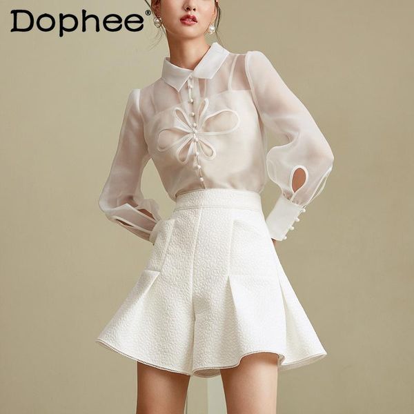 

women's tracksuits women tracksuit elegant organza button long sleeve white shirt+fashion high waist shorts skirt two-piece sets 2021 s, Gray