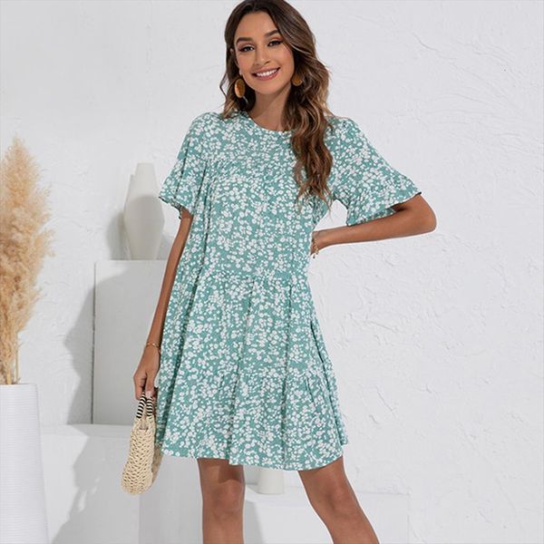 

summer casual floral print mini women dresses clothing boho o neck short sleeve loose for blue robe femme, Black;gray
