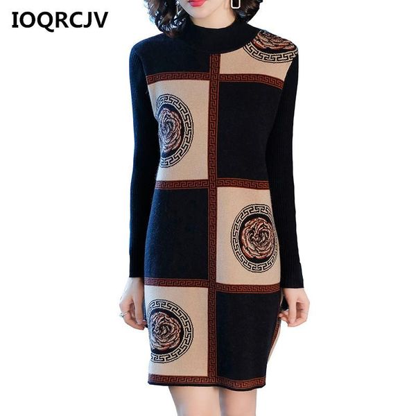 

women's sweaters woman elegant autumn winter print turtleneck sweater dress solid women long knitted long-sleeved robe femme l160, White;black