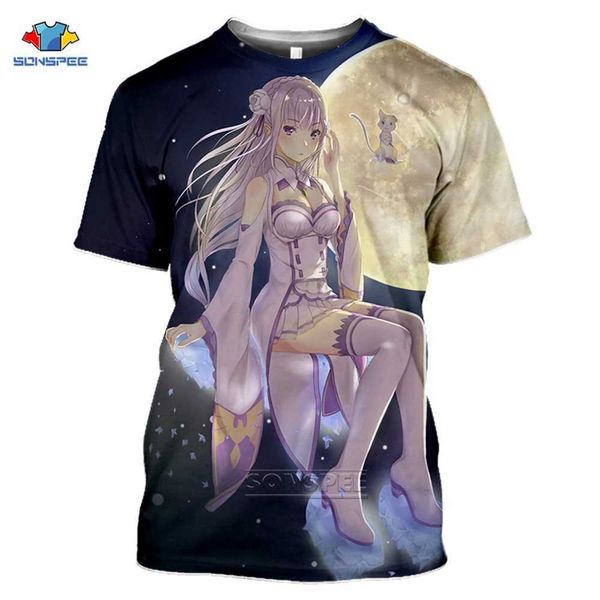 Sonspee anime 3D Imprimir Hip Hop T Camiseta Mulheres Loli Jogo Verão Moda RE ZERO REM T-shirt Harajuku Camiseta Homme Tshirt Top Tees X0621