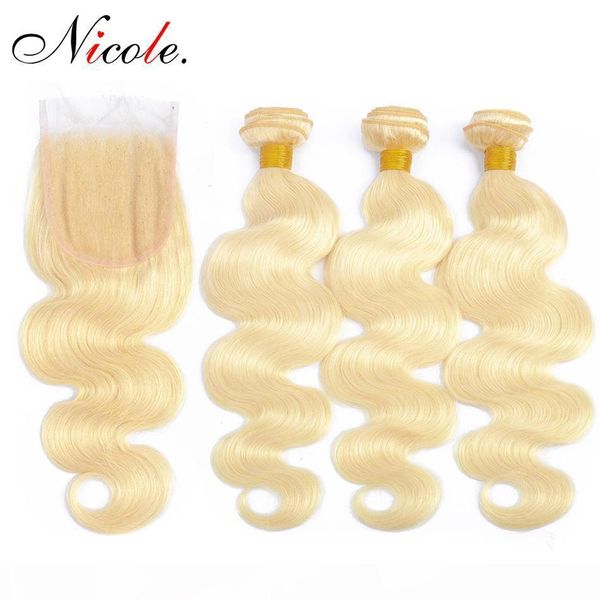 

nicole malaysian body wave 100% human hair 3 bundles with closure 613 blonde color soft swiss lace 7a 100% human hair extensions, Black