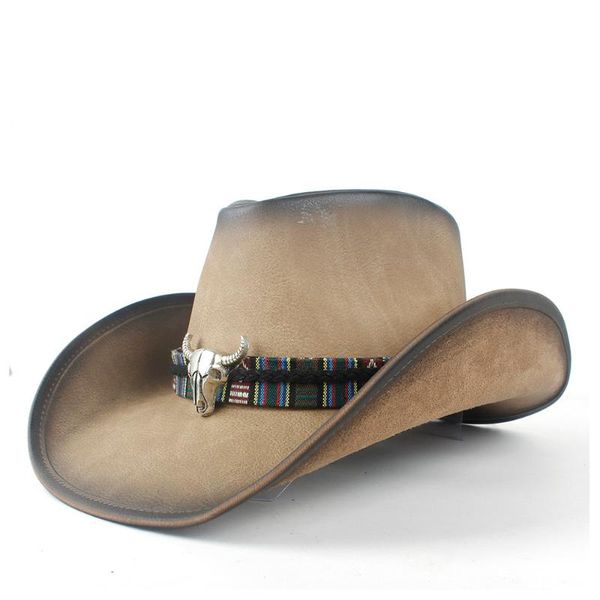 

cloches 2021 western cowboy cowgirl leather felt hat wide brim cow head band jazz, Blue;gray