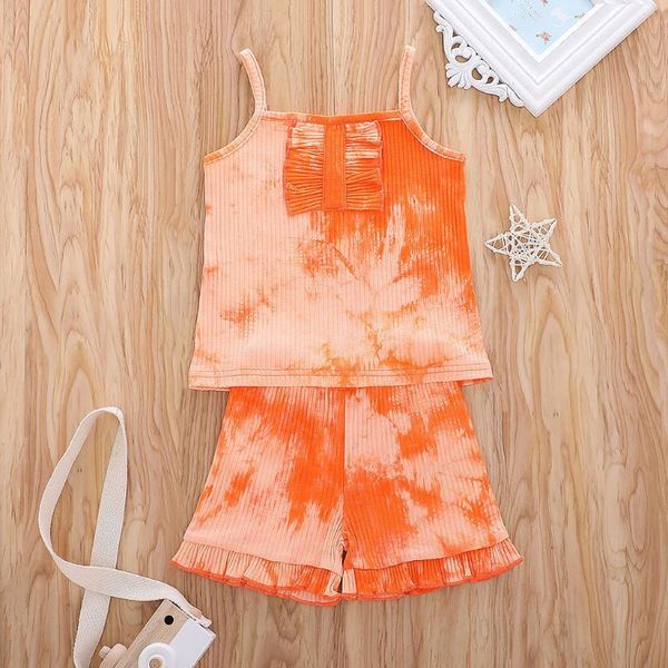 

clothing sets 2021 summer girl clothes tie-dye children set sleeveless stripe sling vest shirt cotton shorts for girls 2pcs, White