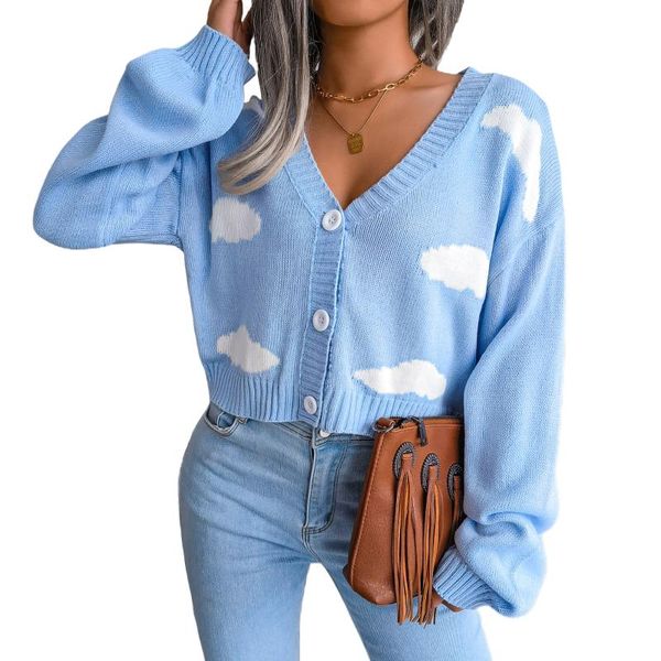

women's knits & tees womens button down knit sweaters autumn spring polyester long sleeve v-neck cloud print loose cardigans, White