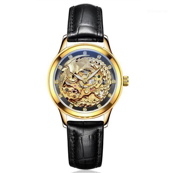 

wristwatches laogeshi dragon & phoenix lovers men watch women leather hollow engraving automatic mechanical watches relojes, Slivery;brown