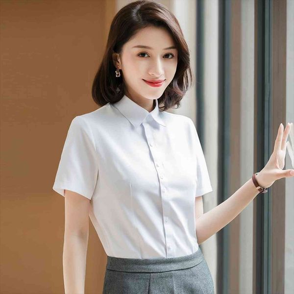 

slim fit basic simple women shirt short sleeve dress formal office social work fashion blouse blusa feminina, White