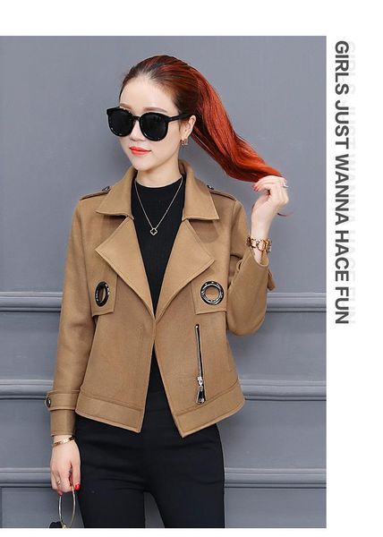 

women's wool & blends elegant loose short blend ladies coat turn-down collar pockets jacket solid korean womens fashion, Black