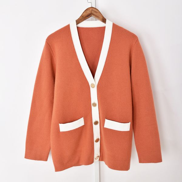 

2021 autumn fall long sleeves v neckline sweater french style contrast color woolen knitted double pockets panelled single-breasted cardigan, White;black