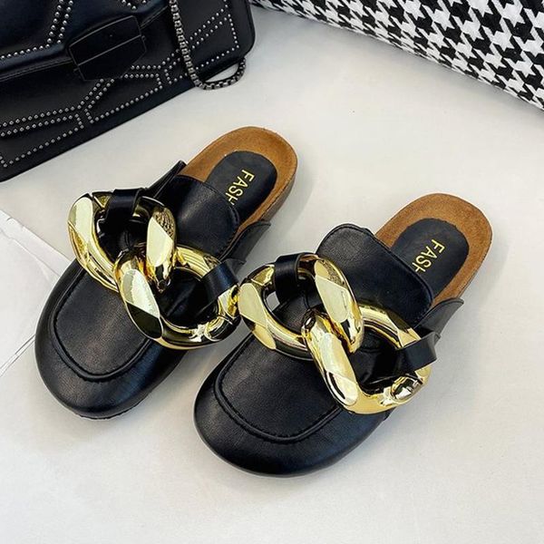 

slippers women ladies flat with shoes sandals fashion flip flops slides female mules metal for, Black