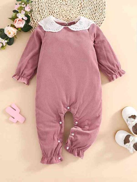 

baby eyelet embroidery flounce sleeve corduroy jumpsuit she, Blue