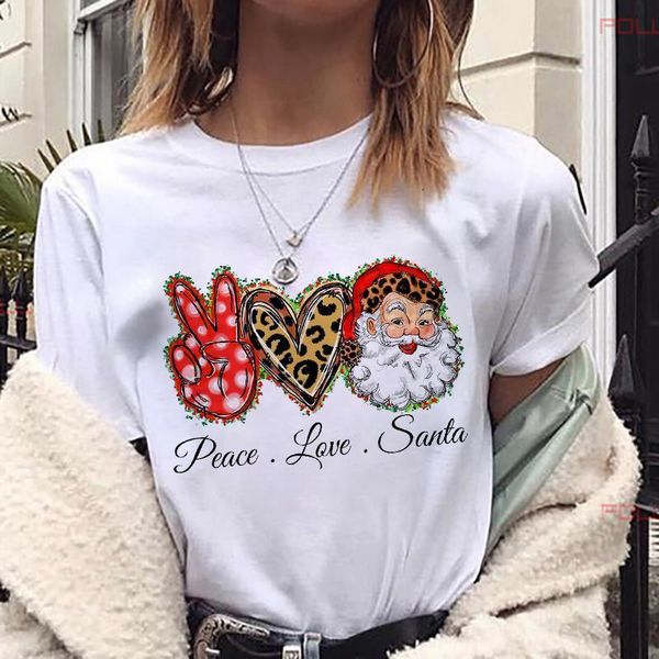 

fashion women t-shirt peace love santa printed shirt christmas tumblr graphic t shirt female tees suitable all seasons, White