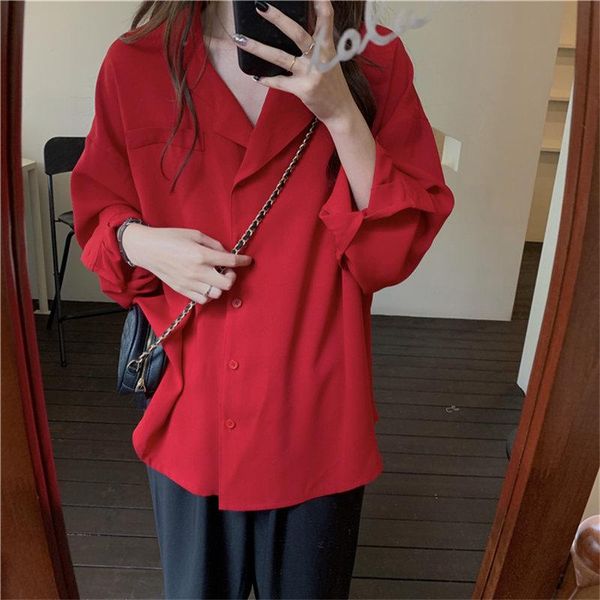 

women's blouses & shirts alien kitty vintage red lapel solid loose bf long sleeve 2021 elegance chic streetwear all match leisure retro, White