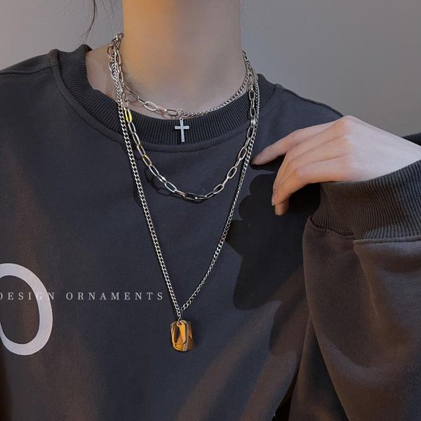 

pendant necklaces grunge long layered cross coin men's necklace set harajuku punk vintage goth emo sweater chain fashion kolye jewelry2, Silver