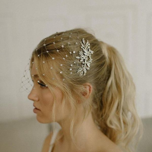 

headpieces whitney wedding collection diamond mesh blusher veils with beads birdcage veil headband accessories, Silver