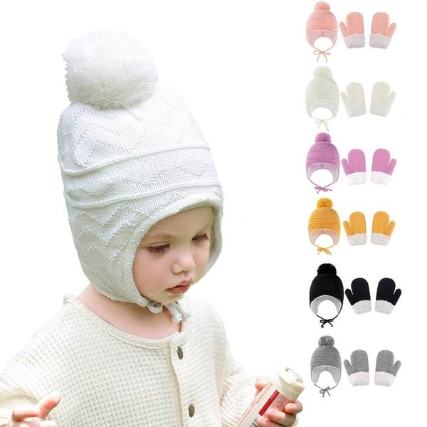 

caps & hats winter warm baby solid color earflap hat gloves set fur ball beanies mitten kit for toddler knitted, Yellow