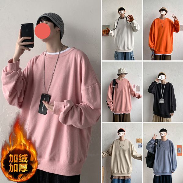 

new 2021 men's fashions casual hoodies thicken plush sweatshirts around the neck solid pullover color clothes more size s-3xl csrr, Black
